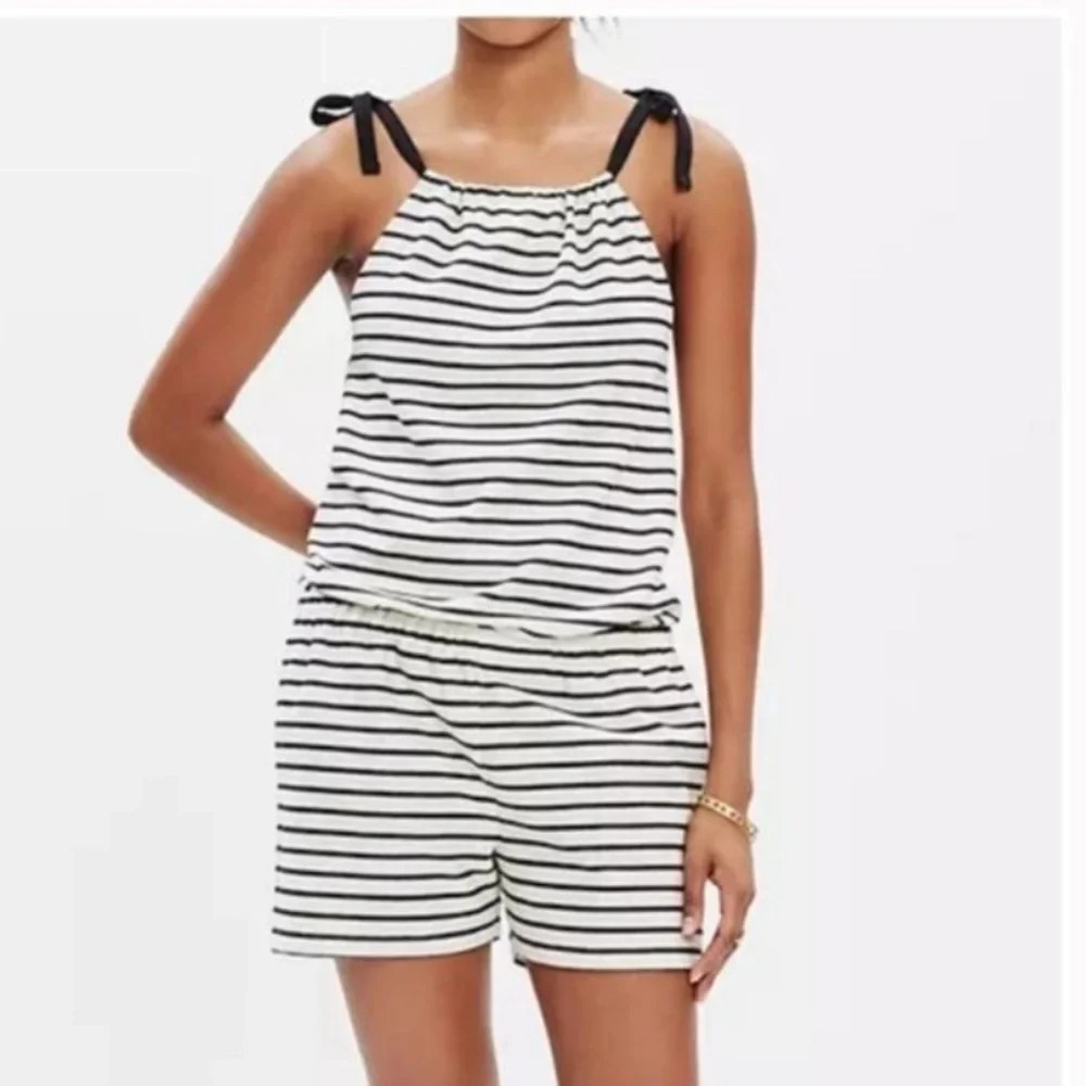 Madewell Striped Tie Shoulder Elastic Waist Short Romper Sz M